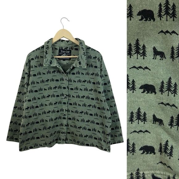 True Grit Large Button Crop Sweatshirt Jacket Shacket Bears Moose Trees Womens - Picture 1 of 14